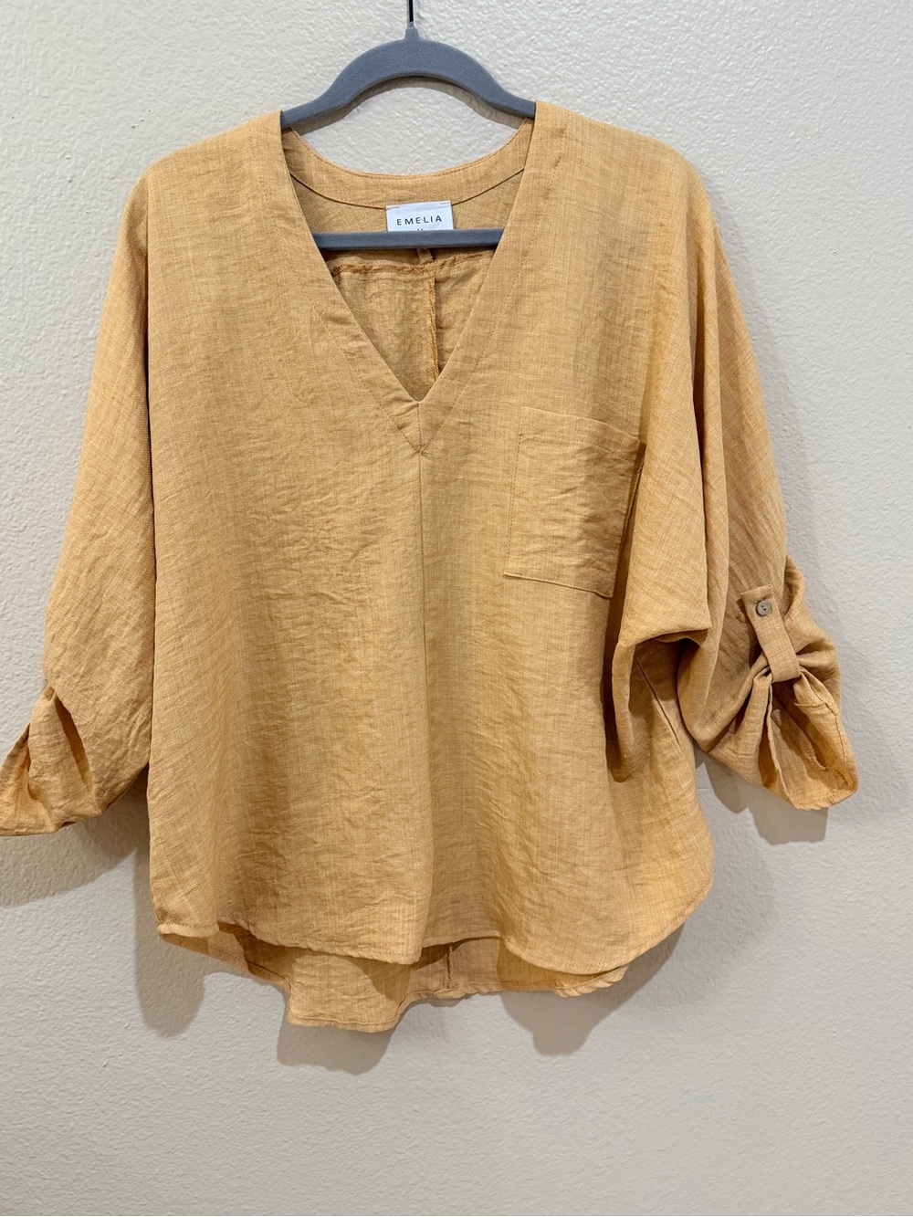 EMELIA Women Linen Blouse Size M Mustard Yellow V-Neck Roll Tab Sleeve Top Boho